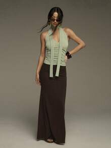 COSMINA Blusa de mujer con cuello en V y volantes, color verde claro, de tela transparente, adecuada para vacaciones de verano, resort de playa, elegante top de mujer - Verde - Ver 3