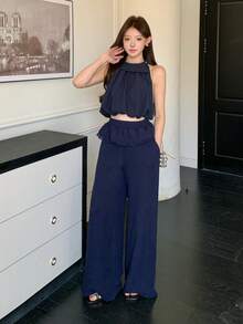 DAZY 春夏荷叶边印花拼接直筒休闲裤套装，无袖背心露脐上衣，蓝色，适合情人节、婚礼、休闲、海滩、优雅办公场合穿着，甜美两件套，女士家居服套装 - 藏蓝色 - 查看 9