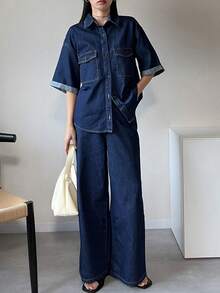 FRIFUL 女士时尚牛仔衬衫和裤子套装 - 藍色 - 查看 1