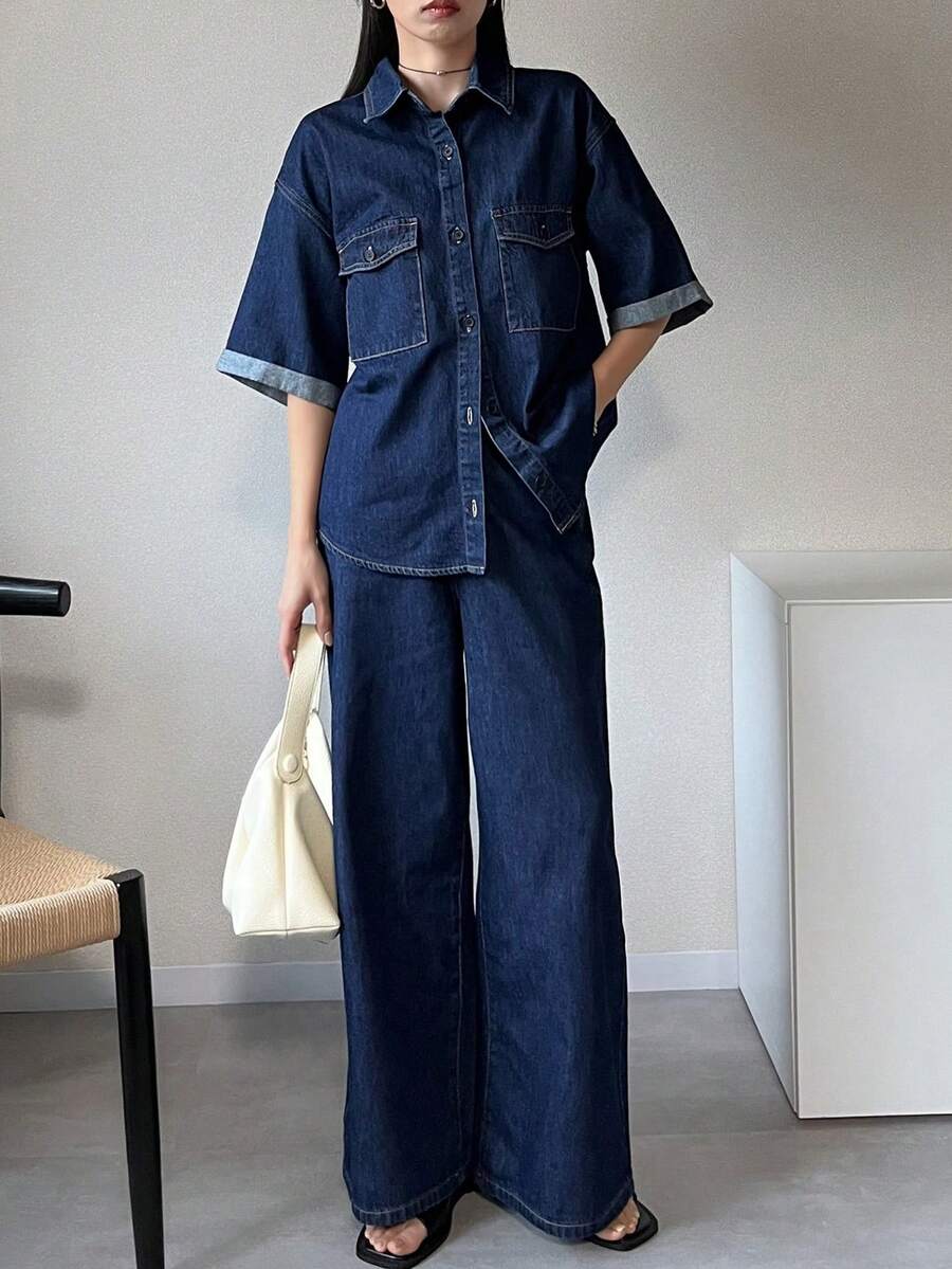 FRIFUL 女士时尚牛仔衬衫和裤子套装 - 藍色 - 查看 1