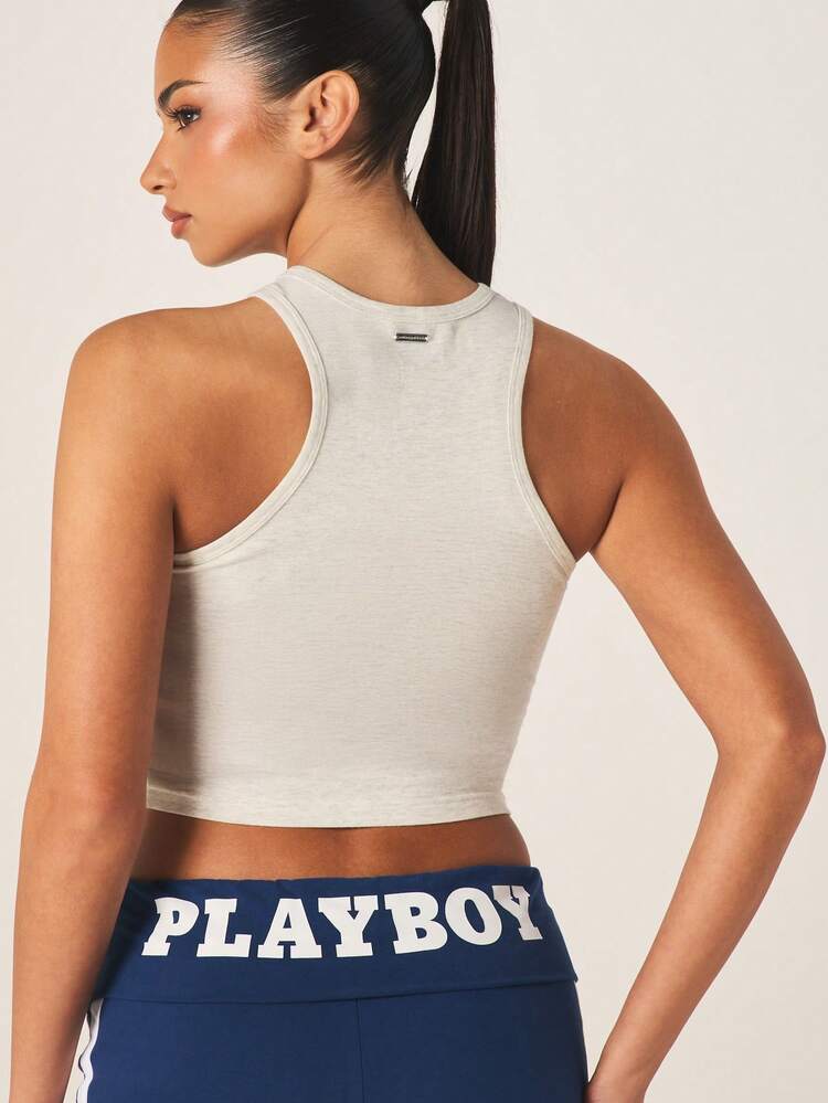 Missguided x Playboy Logo Star Applique Racerback Tank Top Crop Length Sleeveless Graphic Tank Top Casual Summer Spring Streetwear