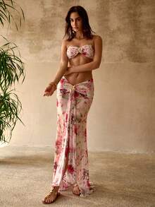 MOTF PREMIUM 浪漫优雅仿金属花朵装饰荷叶边前短后长女士沙滩度假纱笼裙 - 彩色 - 查看 5