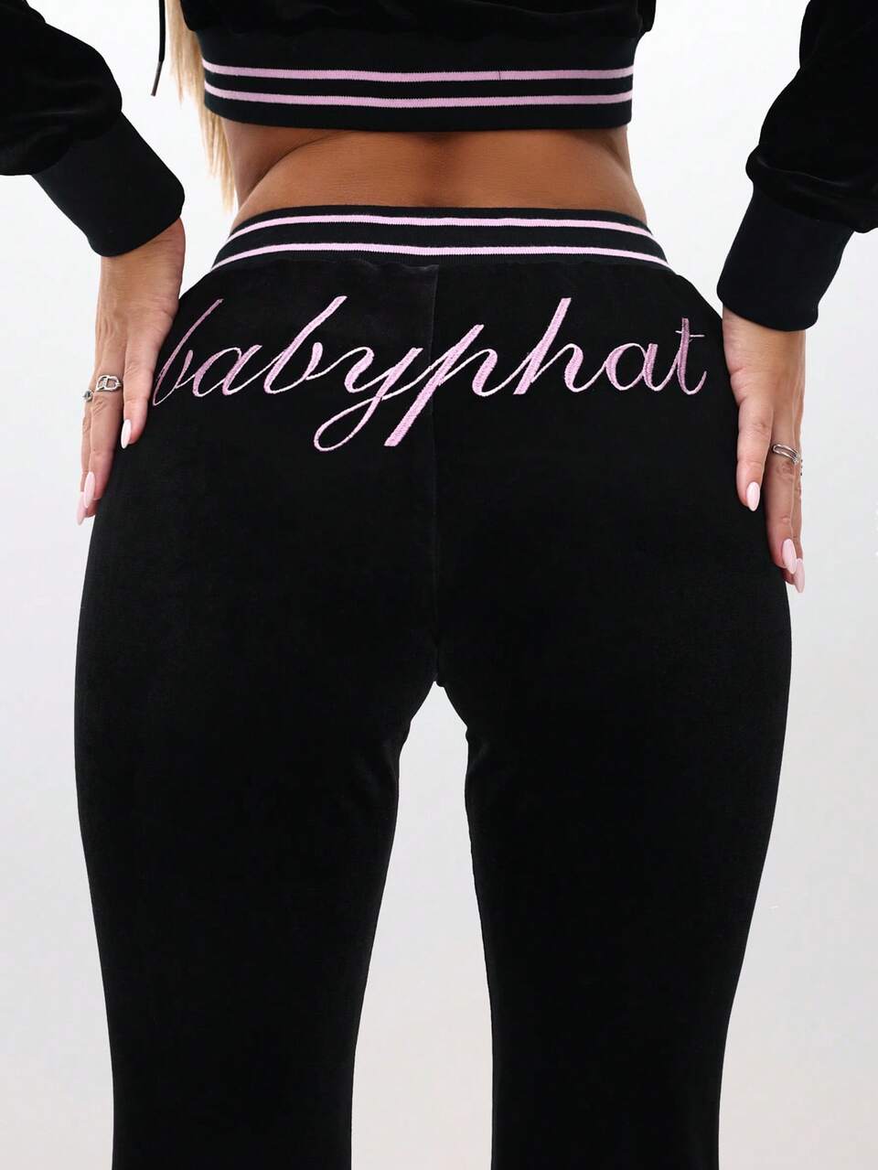 BABYPHAT Plus Size Velour Script Flare Sweatpants With Striped Waistband And Pink Contrast Detailing