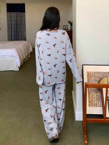 DAZY Happy Dog Print Loose Women Pajama Set - Grey - View 2