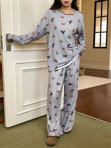 DAZY Happy Dog Print Loose Women Pajama Set - Grey - View 3