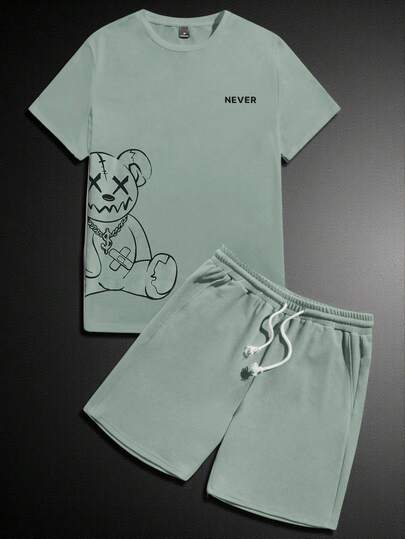 Manfinity BRENVOR Men's Letter & Fruit Print Round Neck Short Sleeve T-Shirt And Striped Shorts Casual Suit ,Men's Simple Chest Logo Graphic Tee And Shorts ,Summer Beach Outfit With Sunglasses Styling  ,Vertical Striped Green Shorts With White Drawstring ,Relaxed Fit Vacation Co-Ord Set Men ,Soft Blend Lounge Wear Set ,Preppy Style Apple Graphic T-Shirt Outfit ,Clean Aesthetic Summer Clothes For Guys ,Men's Summer 2-Piece Outfit ,Casual Beach Vacation Wear ,Clean Chest Graphic Tee