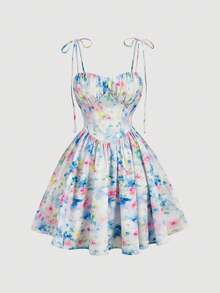 SHEIN MOD Women's Sleeveless Pleated Ruffle Hem Elegant Floral Print Mini Dress, Summer Outfit For Women, Spring, Garden Party Dress, Women's Floral Print Sweetheart Neck Tie Shoulder A-Line Mini Dress Summer Style, Beach Dress, Going Out, Graduation Dresses, Holiday Outfits, Wedding Guest Dress, , Cottagecore Dress, Floral Dress, Dinner Outfit For Women - Multicolor - View 5