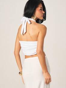 MISSGUIDED Women's Slinky Halter Cross Front Wrap Top Summer Sleeveless Backless Tie Detail White Crop Top - White - View 2