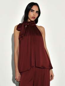 酒红色露背蝴蝶结吊带无袖上衣，适合约会之夜或晚宴休闲时尚场合 - 酒紅色 - 查看 4