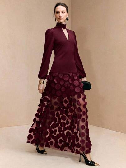 Arave Women's Lace Circular Floral Knit Dropped Shoulder Cinched Waist Dress, Elegant Dresses For Women