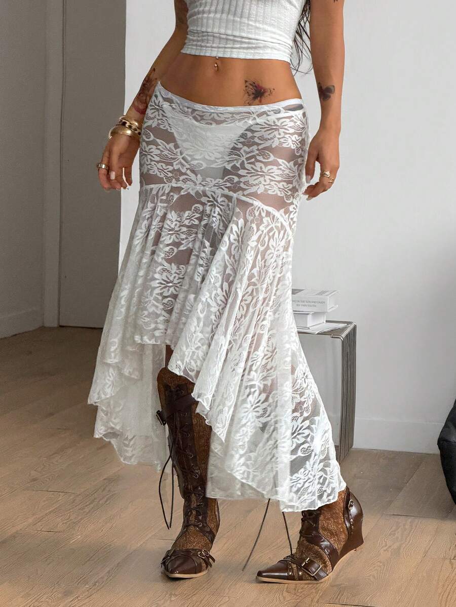 Coolane Women's Spring/Summer Concert Streetwear Casual Vacations Stretchy Lace Midi Sheer Cover Up Skirt - White - View 1