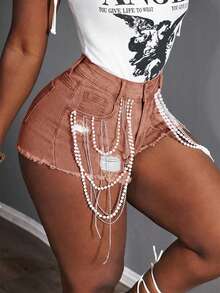 Slaydiva Women's Distressed Pocket Beaded Chain Decor Fashion Denim Shorts - Pink - View 4