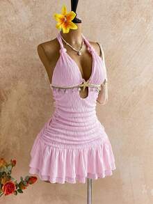 Soleia 白色露背扭结修身迷你连衣裙，金属配饰，贝壳装饰，适合秋冬季海滩度假穿着。 - 粉色 - 查看 6