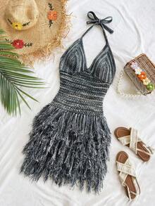 Soleia Đầm ngắn cổ yếm chữ V viền tua rua phong cách retro dành cho nữ, thích hợp cho du lịch biển, kỳ nghỉ, hẹn hò, tiệc trà chiều, tiệc tùng. - Xám - Xem 3