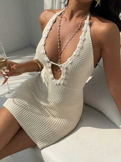 Aloruh Đầm ngắn nữ màu trơn móc len với họa tiết vỏ sò, thích hợp cho kỳ nghỉ biển.