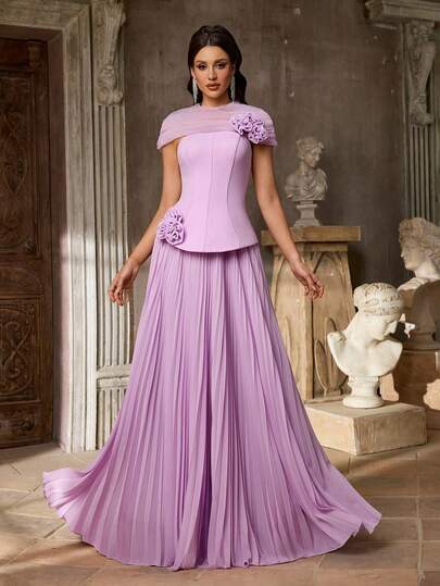 Aureia Elegant Pink Romantic Strapless 3D Floral Decor Pleated A-Line Skirt With Adjustable Tie (Detachable Mesh Shawl Included), Suitable For Dates, Vacations, Singles Parties, Weddings, Women's Evening Gown