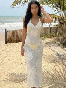 SHEIN 少女钩针编织罩衫连衣裙，休闲沙滩度假长裙 - 杏色 - 查看 3