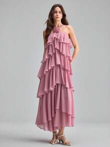 Ontre 2026春夏女士粉色3D立体花卉吊带连衣裙，现代优雅婚礼宾客装扮，简约浪漫法式奢华风，都市时尚商务休闲办公装，低调复古高端感，高品质机场/邮轮装扮，中东必备单品，百搭季节连衣裙，婚礼系列，通勤连衣裙，母亲节连衣裙，沙滩连衣裙，毕业礼服，荷叶边下摆连衣裙 - 粉色 - 查看 4