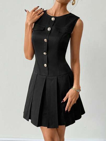 Ritzy Row Women's Solid Color Round Neck Button Pleated Fashionable Chic Date Party Mini Dress
