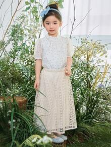 DAZY Young Girl Elastic Waist Lace Embroidered A-Line Skirt - Apricot - View 5