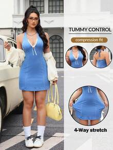 Flexra Women's Tie-Neck Fitted Denim Dress, Suitable For Daily Wear, Dates, And Outings - Blue - View 1