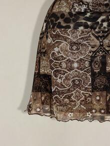 SHEIN ICON 大码女式印花褶皱波西米亚风吊带派对连衣裙 - 棕色 - 查看 8