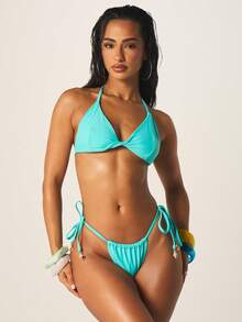 MISSGUIDED Turquoise Twist Front Triangle Bikini Top With Halter Straps And Keyhole Detail Summer Beach Swimwear - Blue - View 3