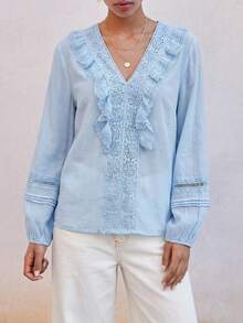 Maija Chic And Cool Women's Blue Ruffled Lace Patchwork Loose Casual Blouse Baby Blue Top Women Spring Summer Beach Outfits Women's Blouses For Summer Light Blue Top Ruffle Blouse Light Blue Blouse - Blue - View 3