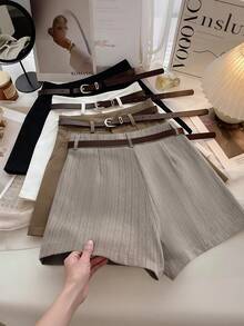 Franclia Petite Women's Casual Khaki Striped Loose Shorts, Suitable For Commuting And Outdoor Wear, Spring/Summer - Dark Grey - View 2