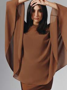 OverBlushhh Women's Chiffon Cape Overlay Evening Wrap In Shades Of Brown,Elegant Semi Formal Sheer Shoulder Cover Up For Wedding Guest Prom Summer Party Events - Brown - View 7