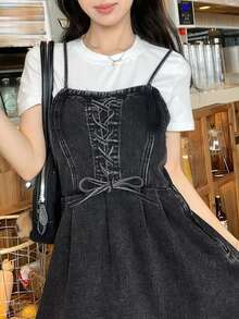 FRIFUL 女士系带褶皱时尚百搭约会/旅行牛仔吊带裙 - 藍色 - 查看 4