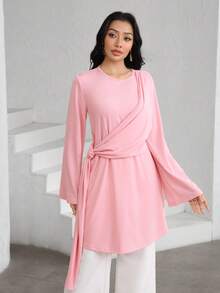 Graceveil 优雅系结褶皱长袖衬衫，独特设计，尽显女性优雅气质。 - 粉色 - 查看 3