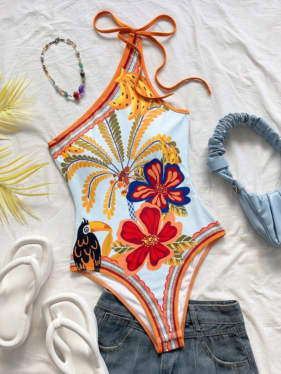 Soleia 新款休闲度假西部海滩婚礼宾客着装，毕业早午餐，圣帕特里克节，春假，复活节，音乐节，优雅波西米亚热带印花系带连体衣，女士款 - 彩色 - 查看 1