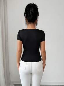 GlowEve Elegant Summer Knitted T-Shirt For Women - Black - View 2