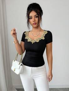GlowEve Elegant Summer Knitted T-Shirt For Women - Black - View 6