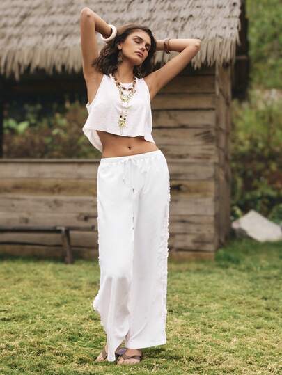 Medorelle Women's White Lace Trim Patchwork Design Pants