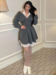 hhfernanda Women's Contrast Color Waist Lace Patchwork Long Sleeve Dress,Autumn/Winter,Halloween Clothes, Christmas Women's Clothing ,New Year Women's Clothes,Thanksgiving,,Dresses For Women Elegant - Dark Grey - View 6