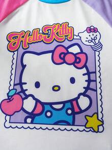 HELLO KITTY AND FRIENDS | SHEIN 少女可爱卡通猫印花休闲圆领插肩袖舒适T恤 - 彩色 - 查看 4