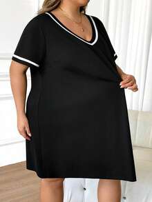 SHEIN CURVE+ 大码女式时尚休闲V领撞色缎带黑色针织连衣裙 - 黑色 - 查看 6