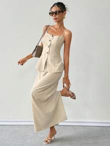 Ritzy Row Women's Linen Camisole And Midi Skirt Set, Fitted Silhouette, Elegant Elegant, Suitable For Street Style, Commuting, Outing, And Dating In Spring And Summer - Khaki - View 4