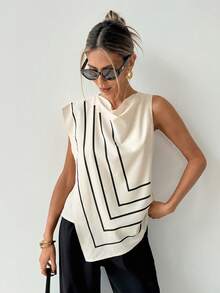 Rafferiza Women's Fashionable Sleeveless 2 In 1 Shirt, Irregular Geometric Line Print, Fitted Silhouette, Stylish And Elegant, Back Zipper Closure - Apricot - View 1