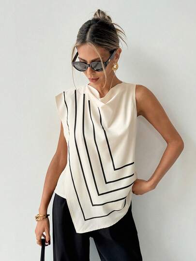 Rafferiza Women's Fashionable Sleeveless 2 In 1 Shirt, Irregular Geometric Line Print, Fitted Silhouette, Stylish And Elegant, Back Zipper Closure