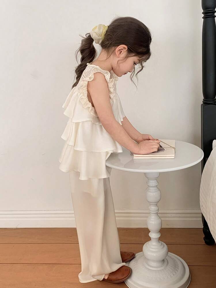 Young Girl Summer Casual Solid Color Ruffle Sleeveless Shirt And Pants Set