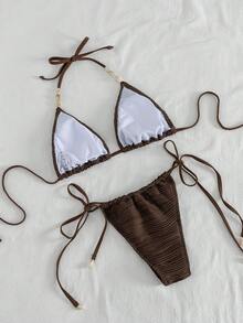 Swim Vcay Bộ bikini 2 mảnh thanh lịch, màu trơn, chất liệu vải có họa tiết, điểm xuyết những hạt ngọc trai không đều, thích hợp cho kỳ nghỉ hè. - Cà phê nâu - Xem 3
