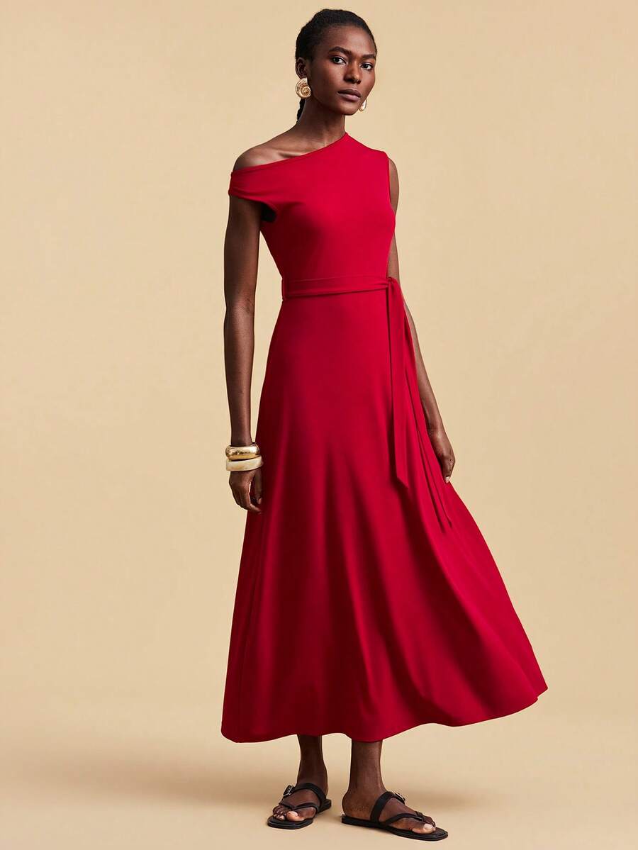Travachic Elegantes Kleid mit schräger Schulter und ärmellos - Rot - Übersicht 1