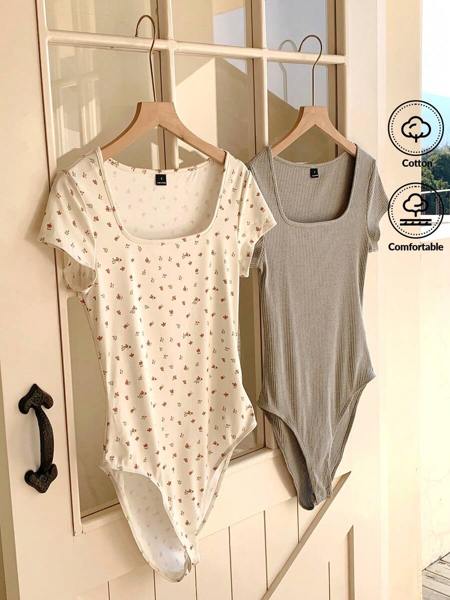 CovetEZ Body de mujer de manga corta con cuello cuadrado, de uso casual - Multicolor - Ver 1