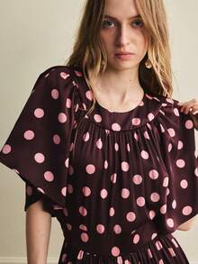 Écloséra New 2026 French Retro Round Neck Polka Dot Women's Long Dress, Elegant Dress, Holiday Outfit, Summer Vacation Outfit, Casual Dress, Luxury Dress, Brown Dress, Elegant Party Dress, Summer Outfit Summer Outfit For Women - Burgundy - View 2