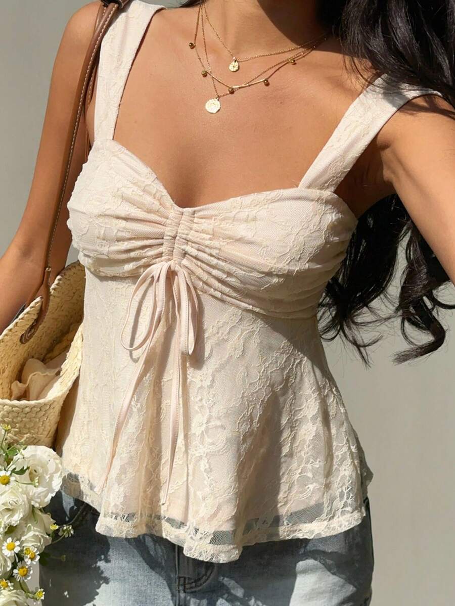 SHEIN EZwear 杏色针织女士蕾丝前抽绳粗肩带度假吊带衫