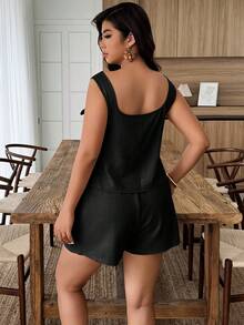 Weeklong Plus Size Women's Spring/Summer Square Neck Floral Decor Short Casual Outfit - Black - View 2