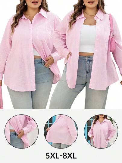 SHEIN CURVE+ قميص كاجوال مخطط بأكمام طويلة للنساء ذوات الأحجام الكبيرة، مناسب لمهرجانات الموسيقى والعطلات الساحلية والأسلوب البوهيمي، ملابس نسائية للربيع والصيف